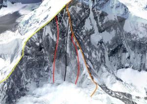 Everest NE face, Black line shows already existing route, reds lines show two possible new routes, orange line is North ridge and Yellow line describes NE ridge.